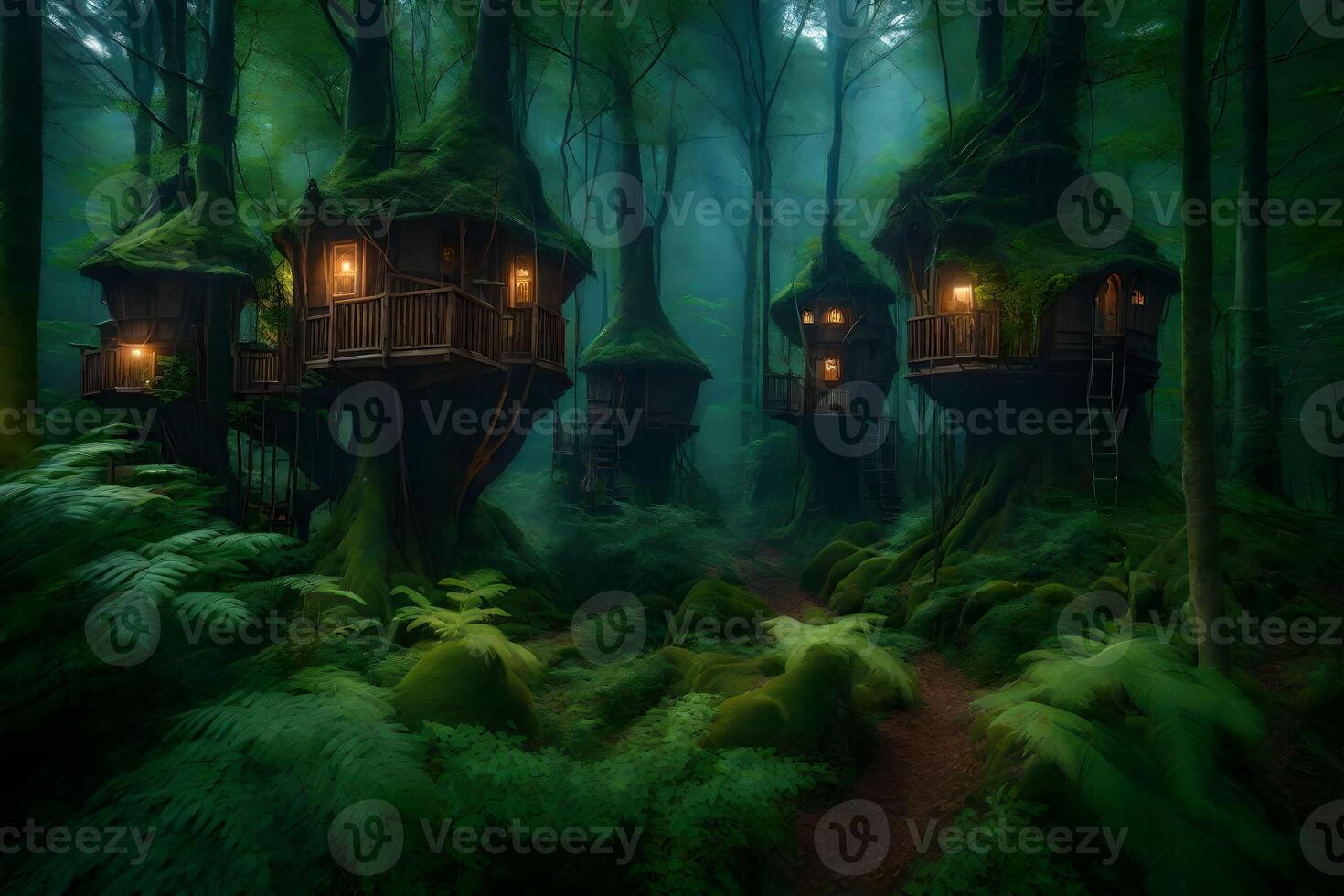 A forest with tree houses in the middle of it photo