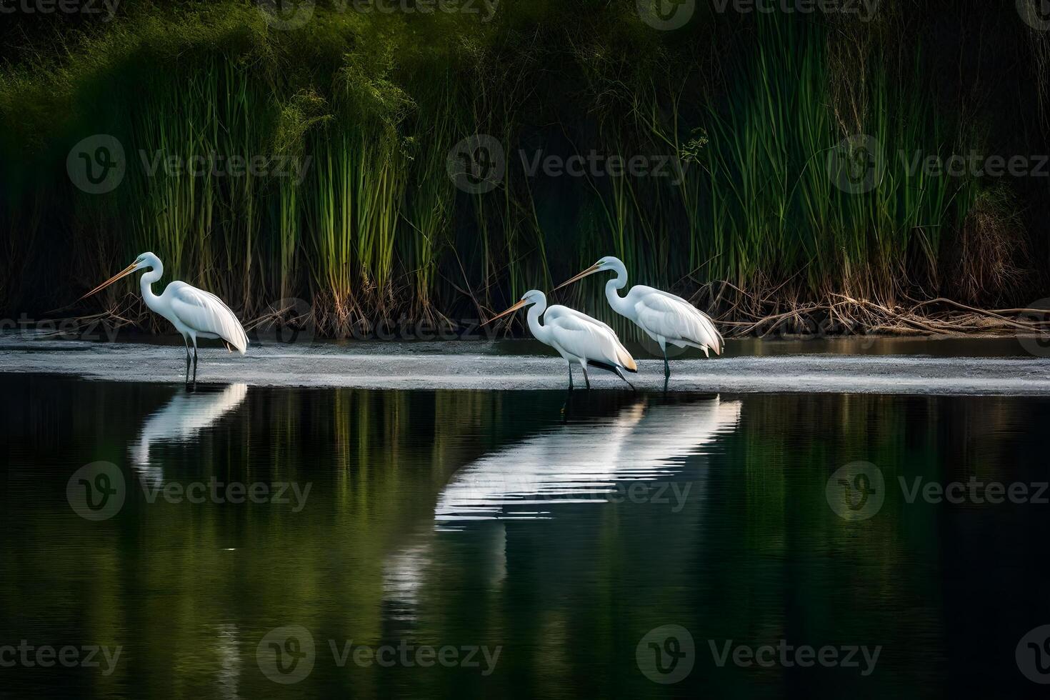 Three white birds standing in the water near reeds photo