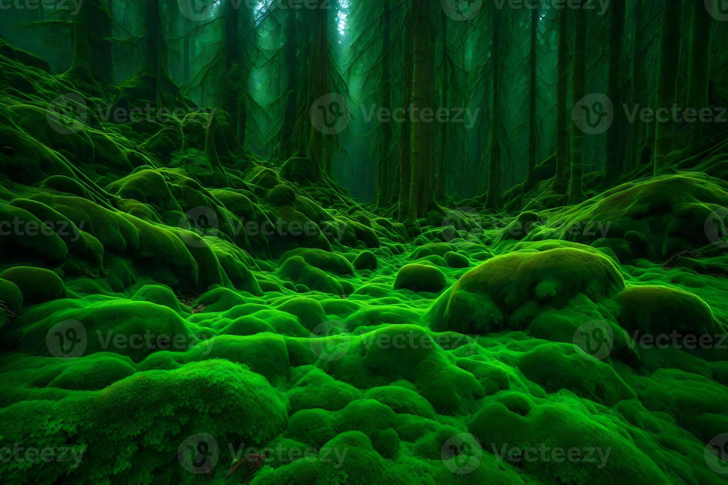 A mossy forest with green moss and trees photo
