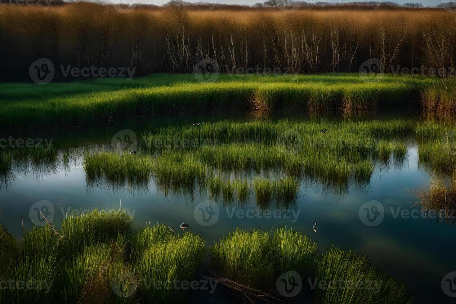 A pond with grass and trees in the background photo