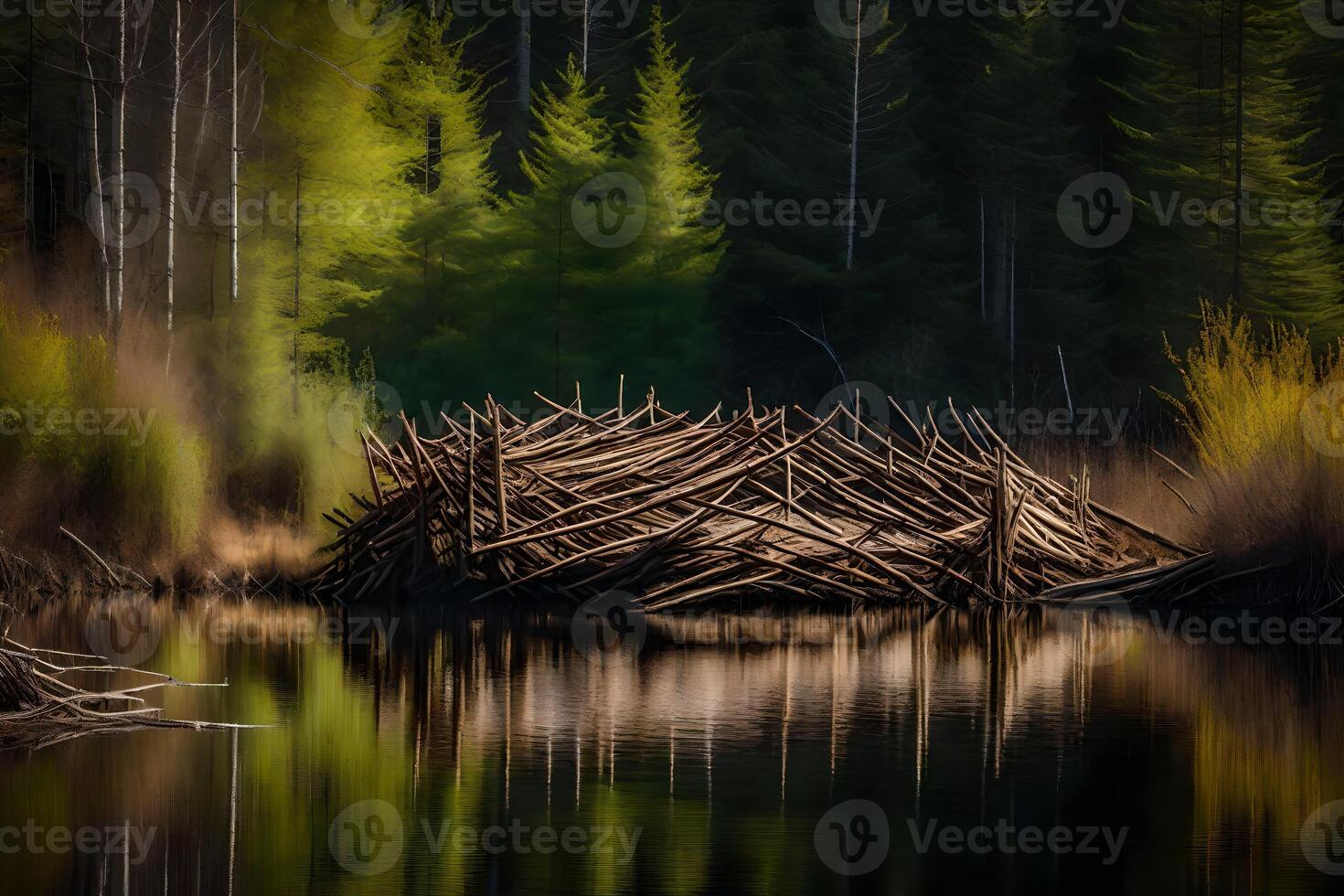 A log pile sits on the shore of a lake photo