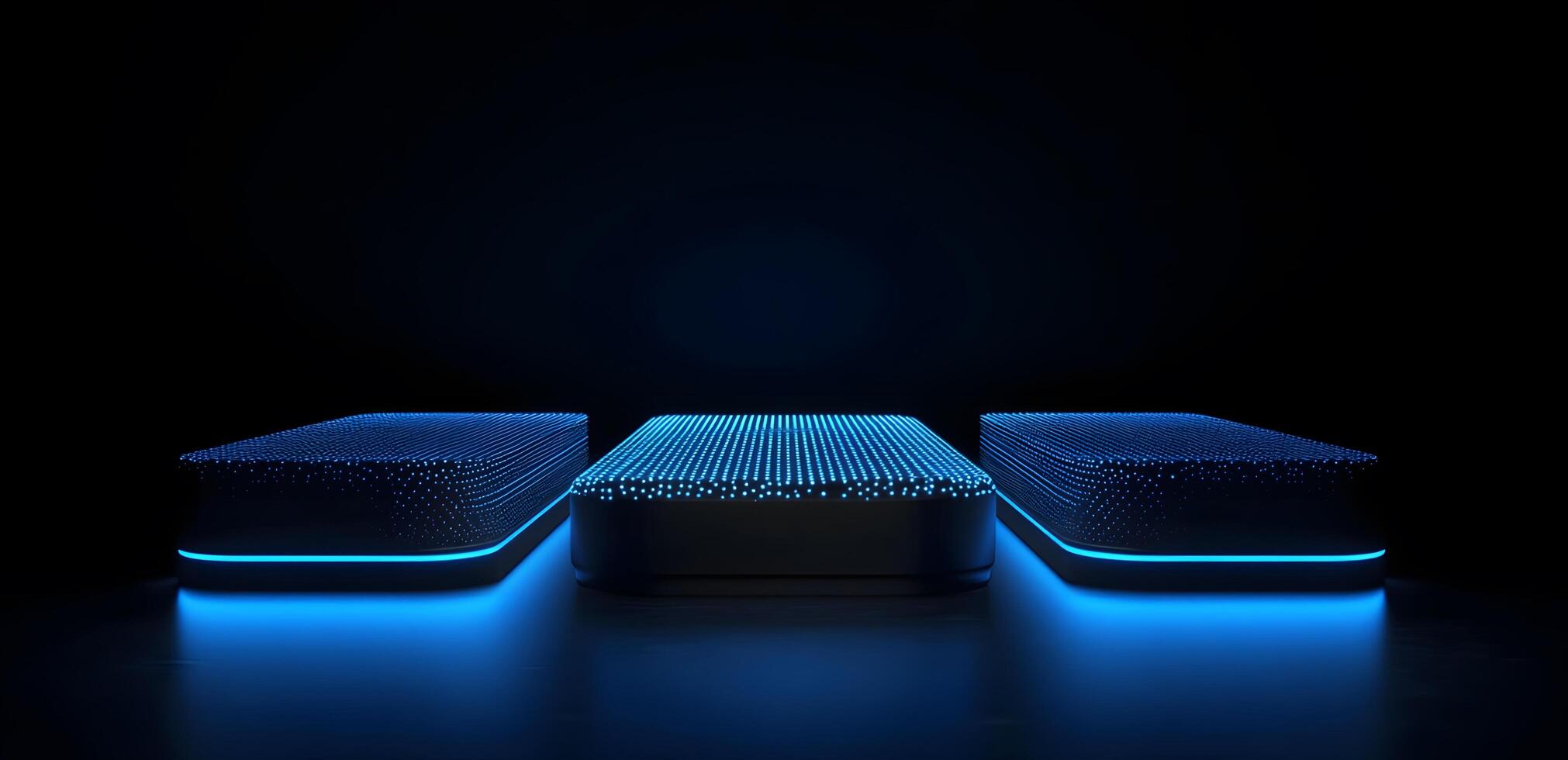 Three illuminated, dark platforms in a setting. photo