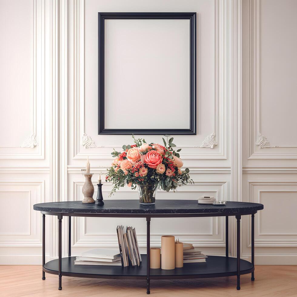 Elegant interior display featuring a blank frame and floral arrangement. photo
