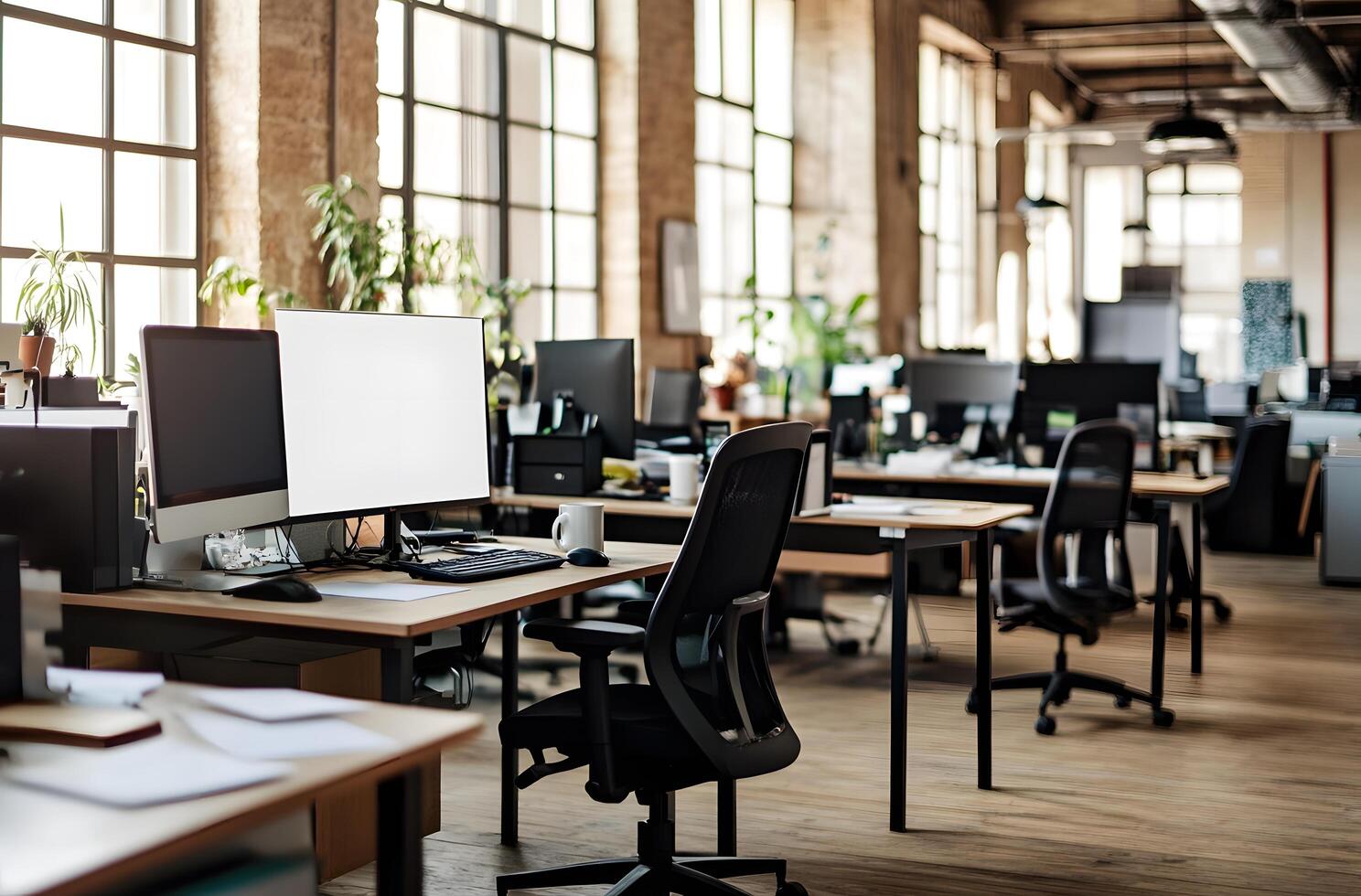 Empty modern office workspace with natural light. photo