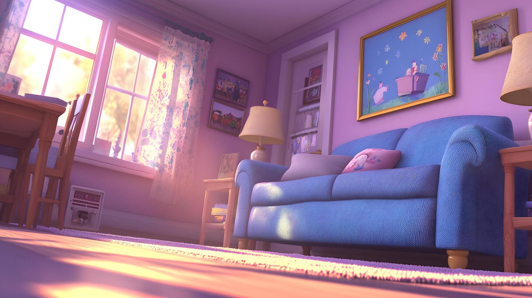 A sunlit interior living room scene in soft pastel tones. photo
