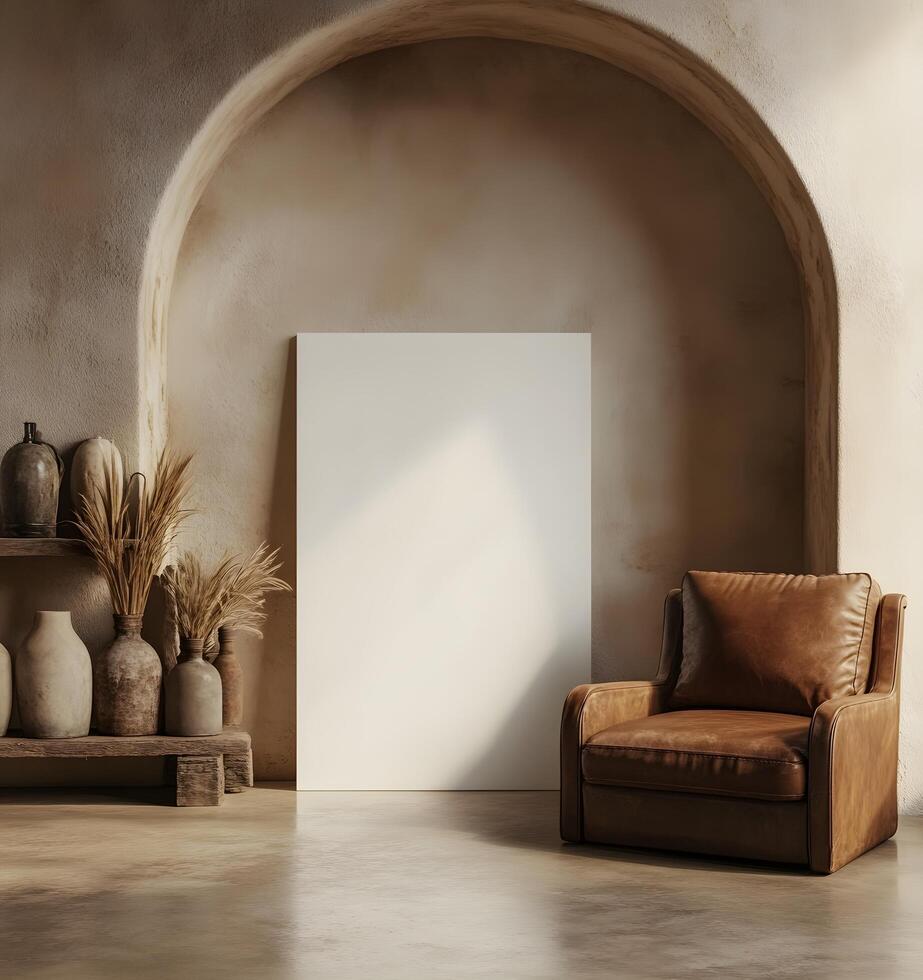 Empty canvas framed in a rustic interior design. photo