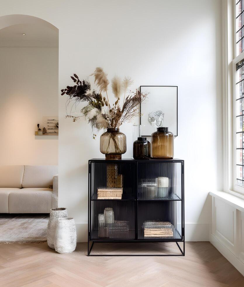 Stylish, modern display cabinet with decorative vases and plants. photo