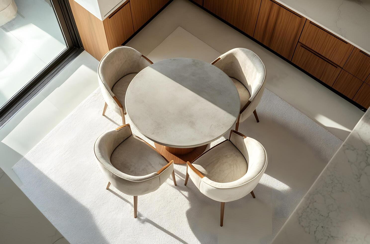 Elevated view of a modern dining set with a round table. photo