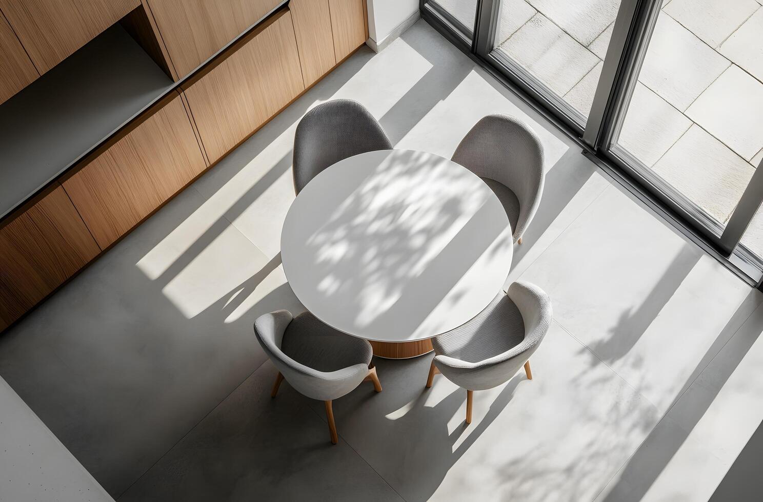 High-angle view of a modern dining area with a round table and chairs. photo