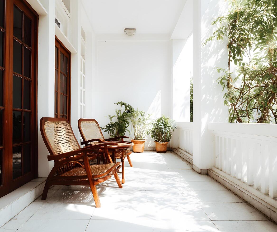 Tranquil veranda with comfortable seating and greenery. photo