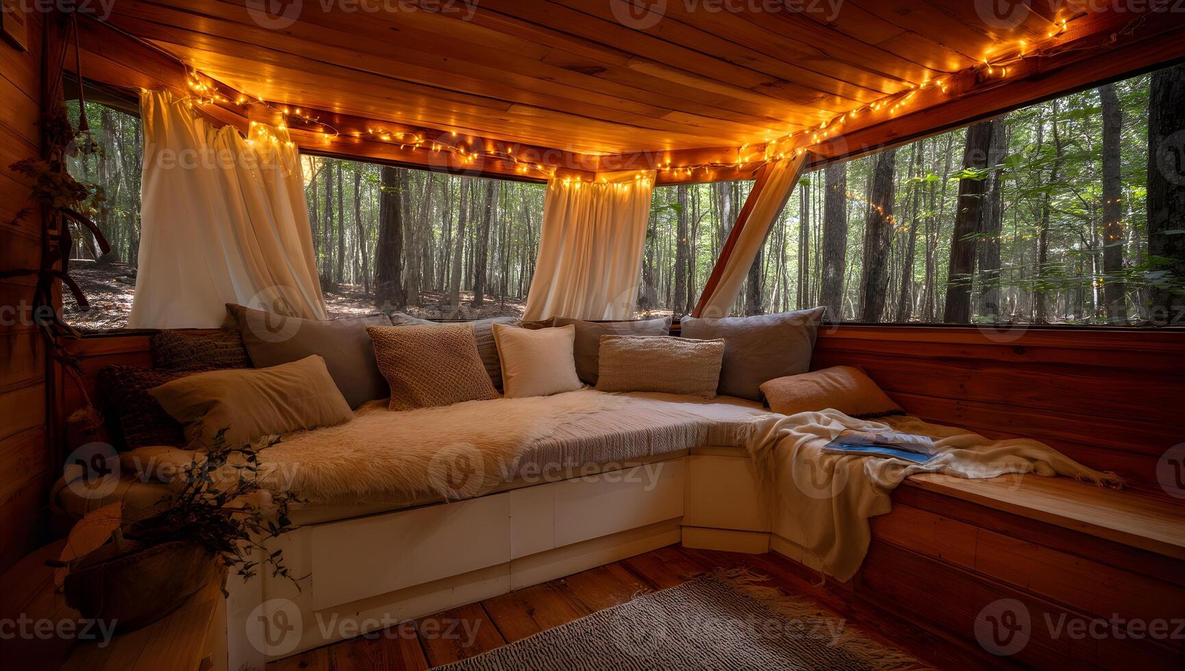 Cozy seating area with forest views in a wooden cabin. photo