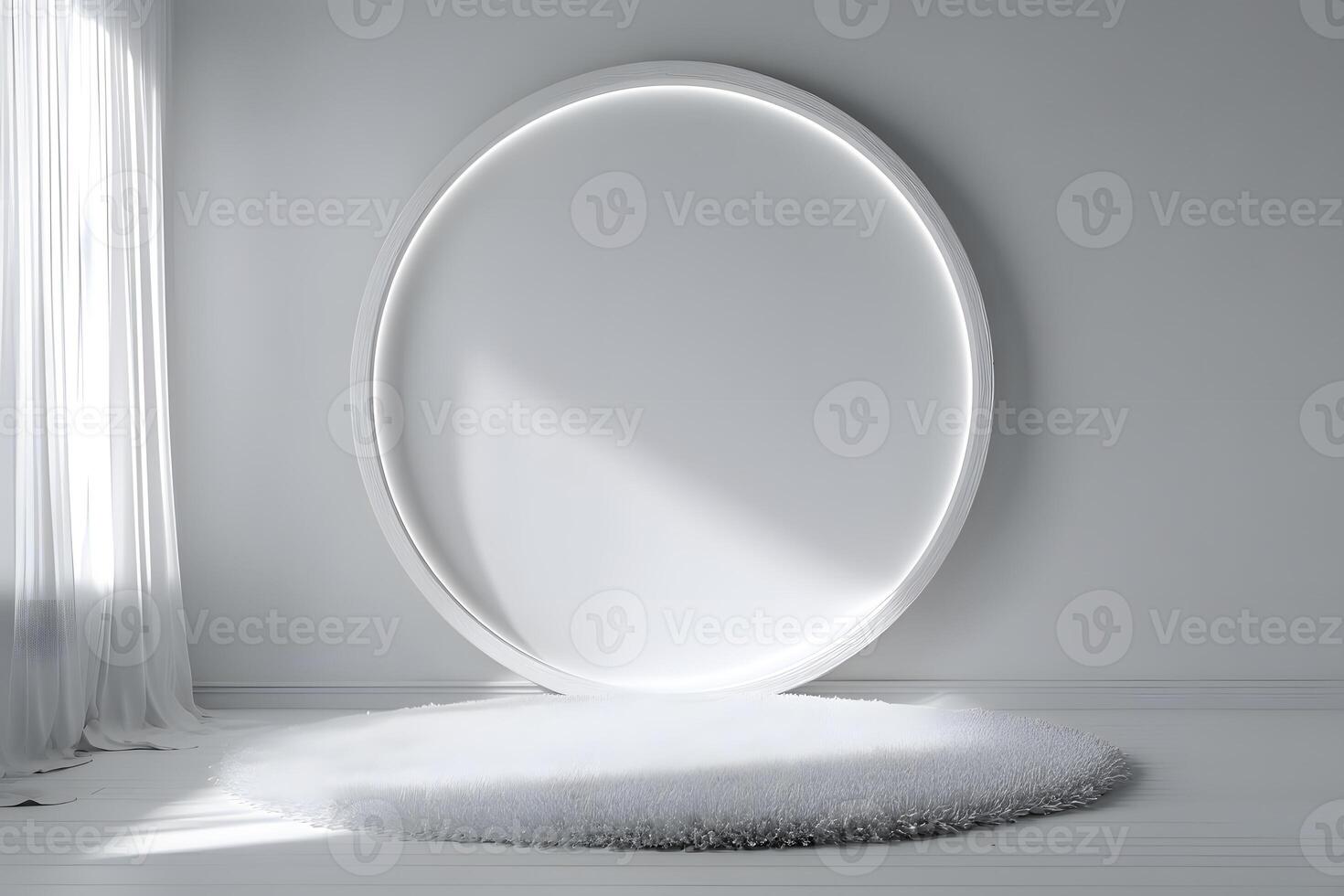 Modern minimalist interior scene with a circular frame. photo