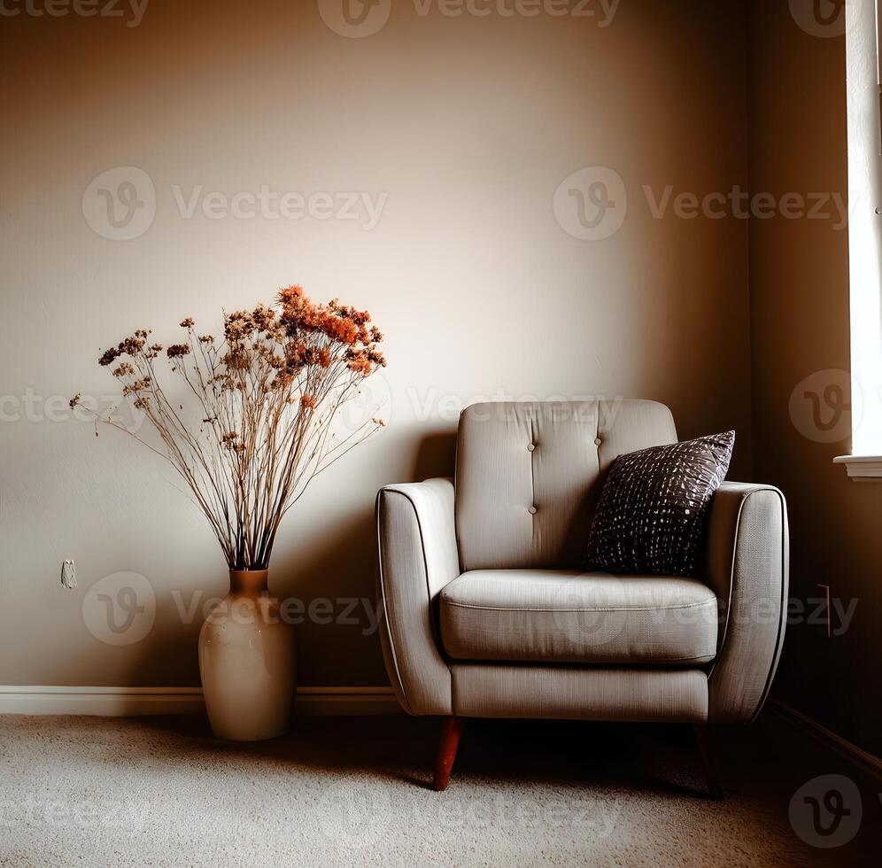 Elegant room corner with dried flowers and a comfortable chair. photo