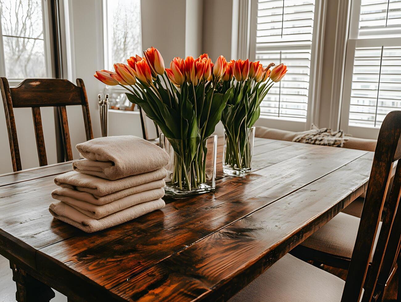 Rustic wooden table adorned with tulips and folded clothes. photo