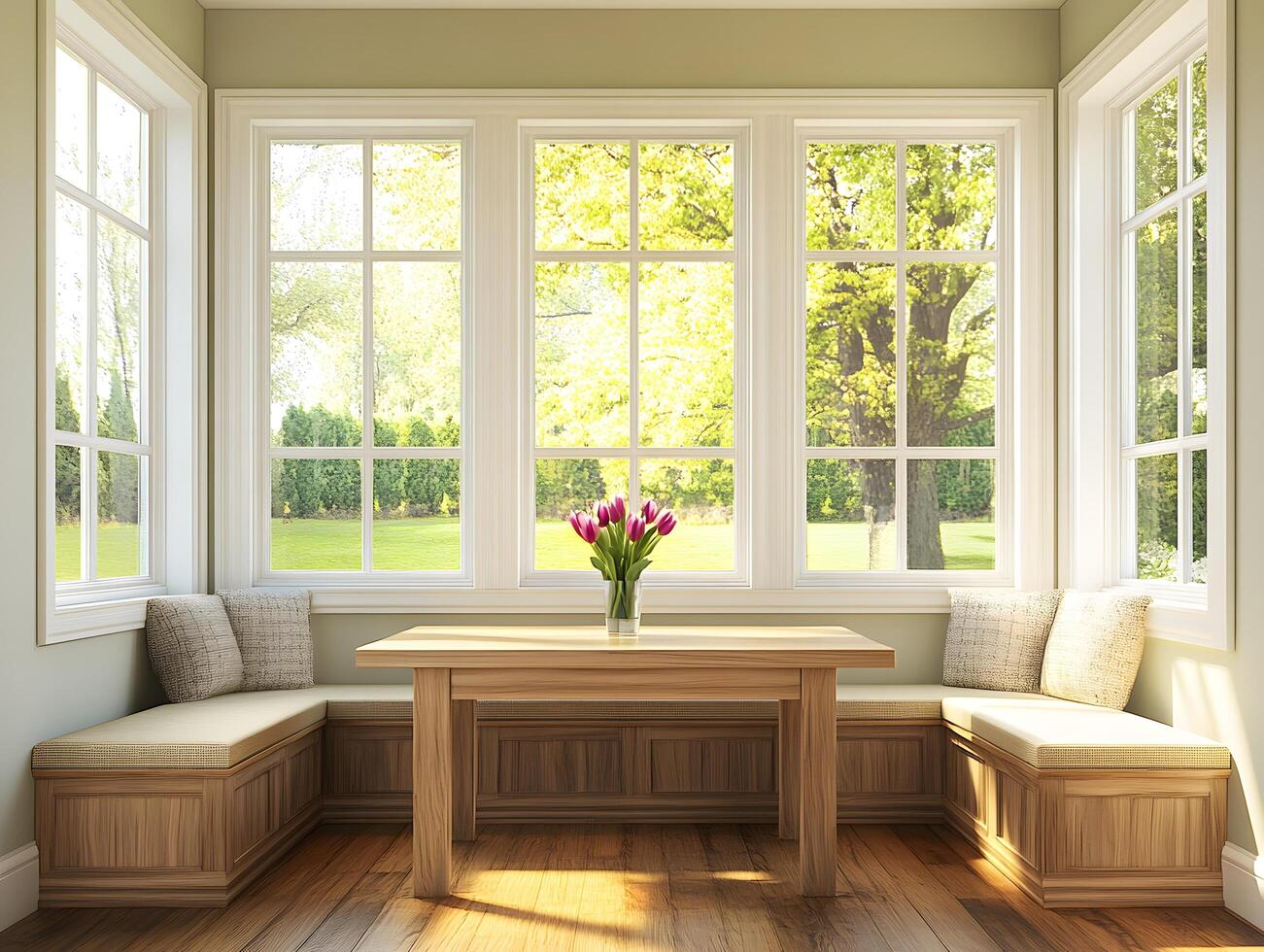 Sunlit interior nook with a wooden table and comfortable seating. photo