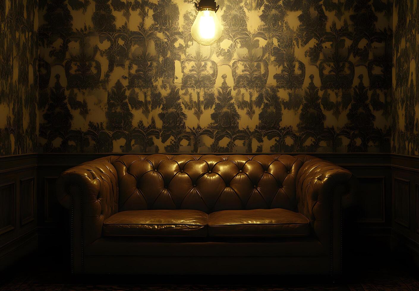 Dark, vintage-style room with leather couch. photo