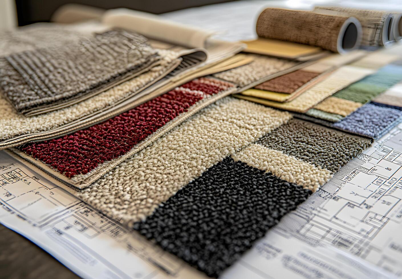 Interior design samples on blueprints for a home project. photo