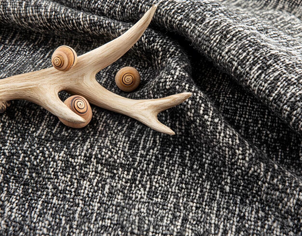 A close-up view of a textured fabric with animal horn and decorative shells. photo