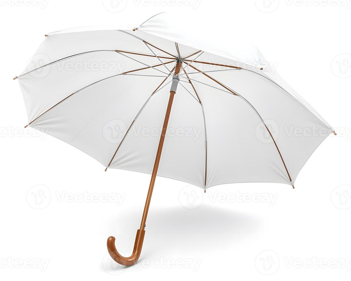 A pristine white umbrella with a wooden handle. photo