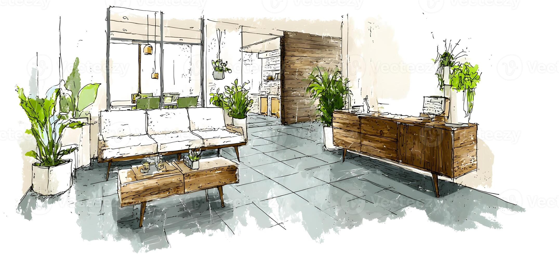 Watercolor sketch of a modern waiting area. photo