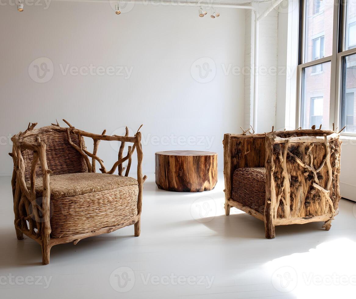 Two handcrafted wooden armchairs and a side table. photo