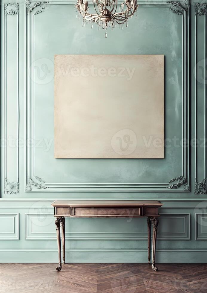 Empty canvas on a teal wall with antique furniture. photo