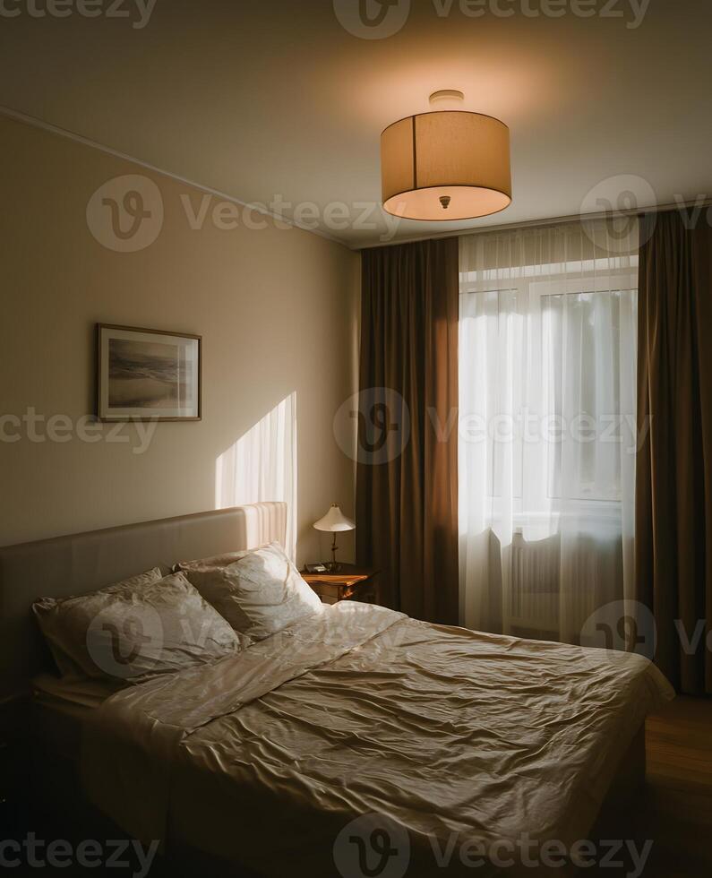 Interior bedroom scene, soft light, muted tones. photo