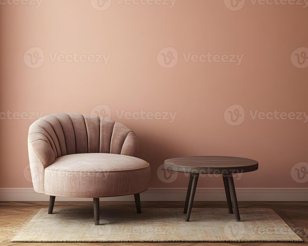 Interior design featuring a blush pink armchair and a dark wooden table. photo