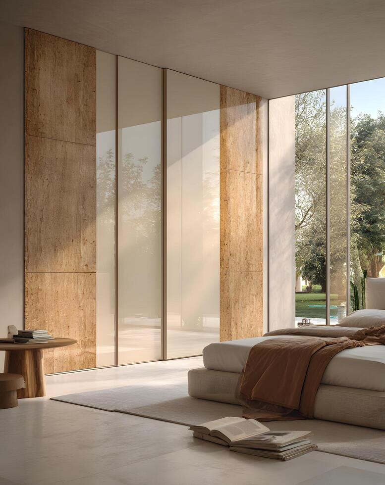 Modern sliding doors in a light-filled bedroom interior. photo