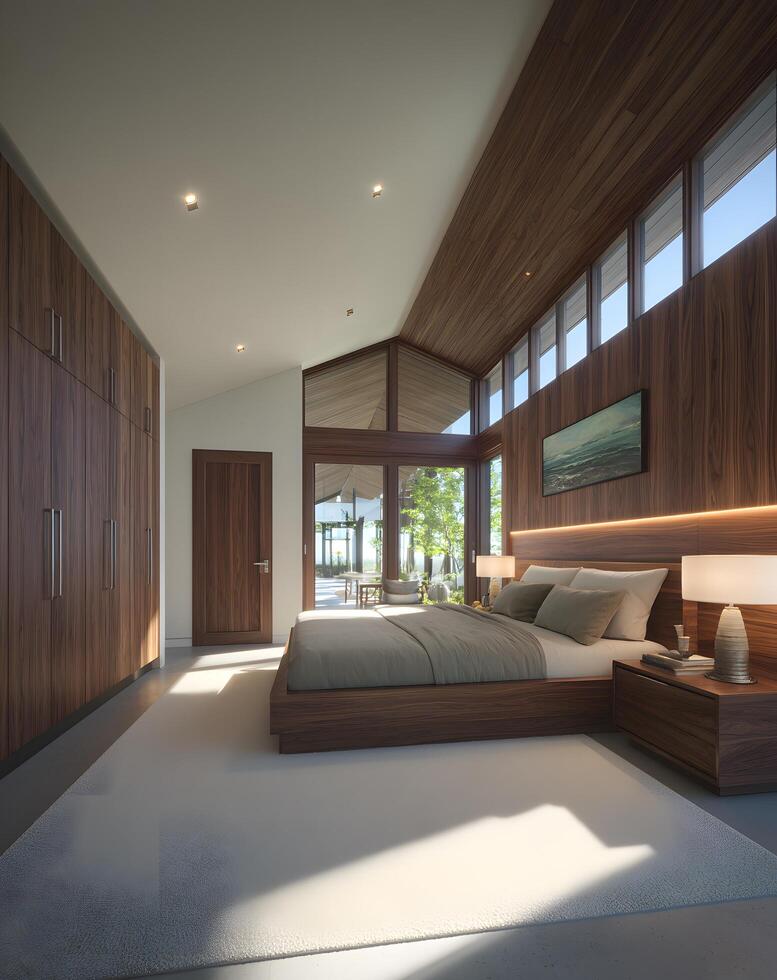Modern bedroom interior design showcasing natural wood tones. photo
