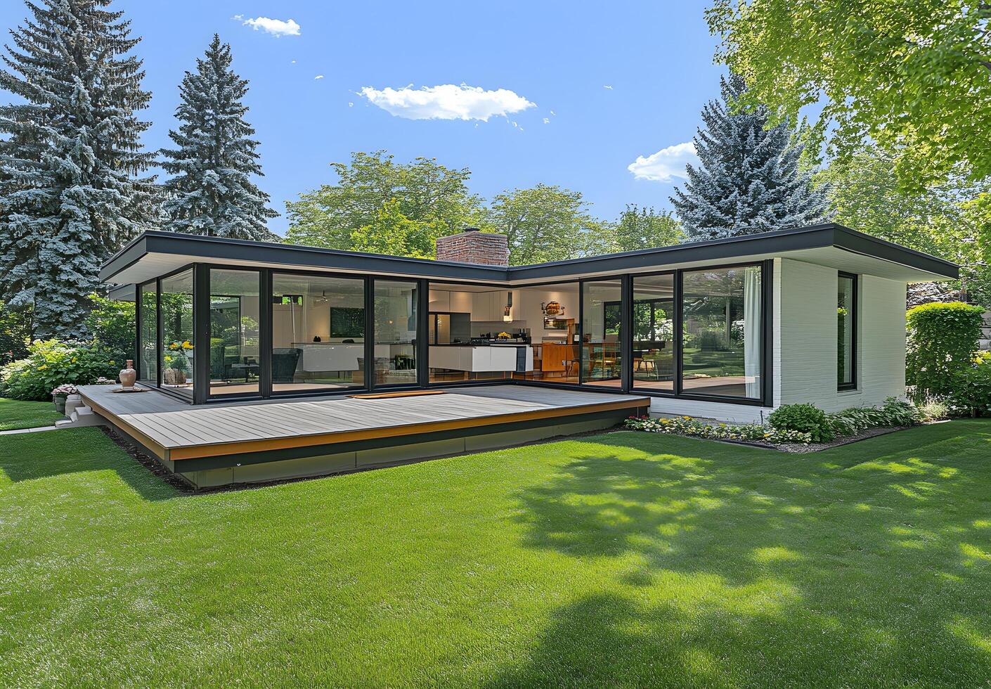 Modern, contemporary home with expansive glass facade and deck. photo