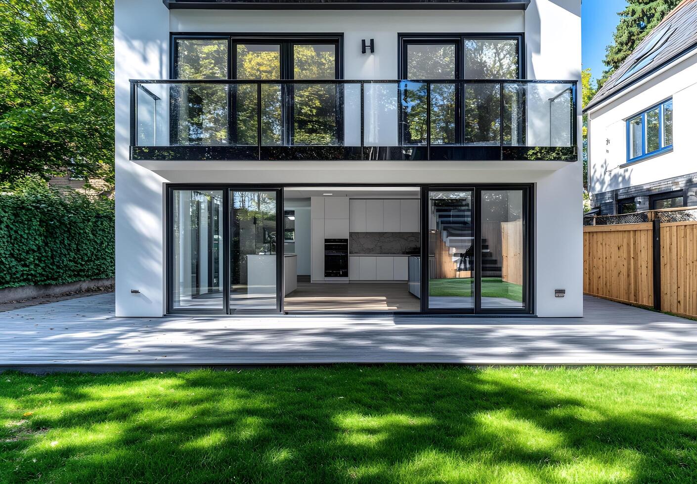 Modern, contemporary house exterior with a spacious backyard deck. photo