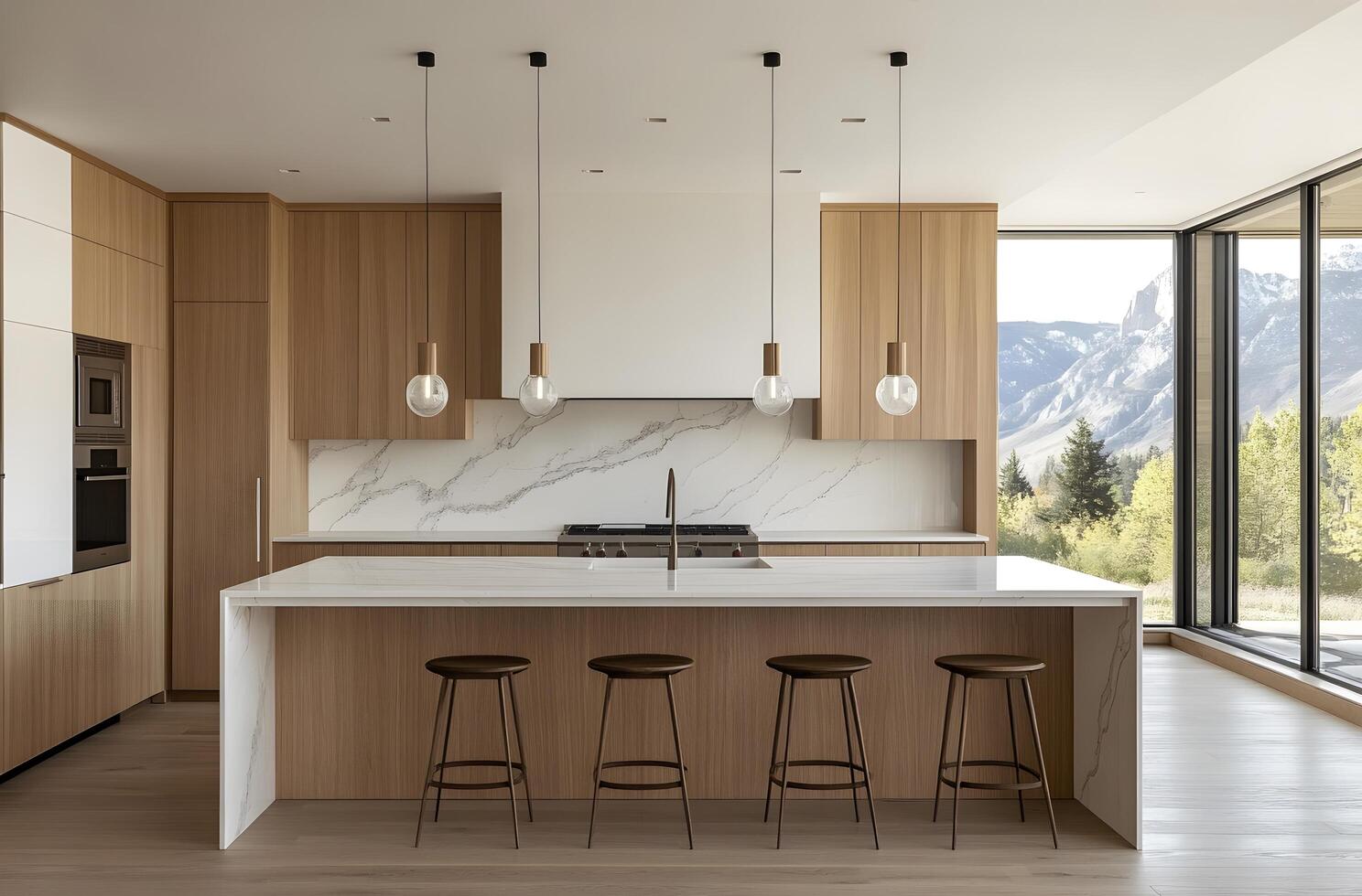 Modern kitchen with island and mountain view. photo