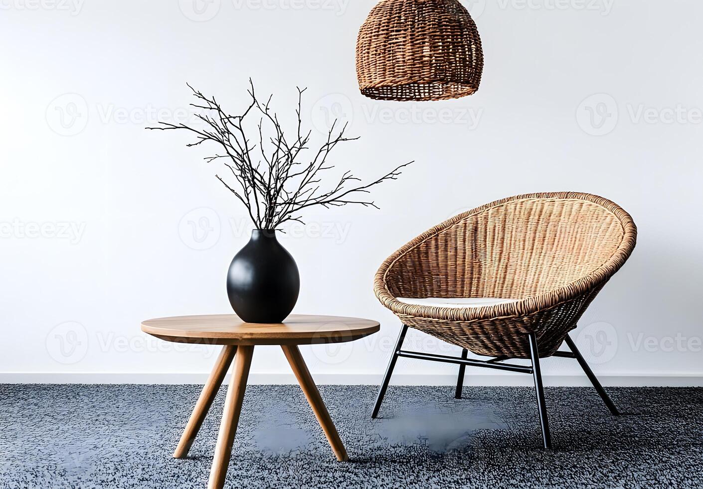 Modern wicker chair and table in a minimalist interior. photo