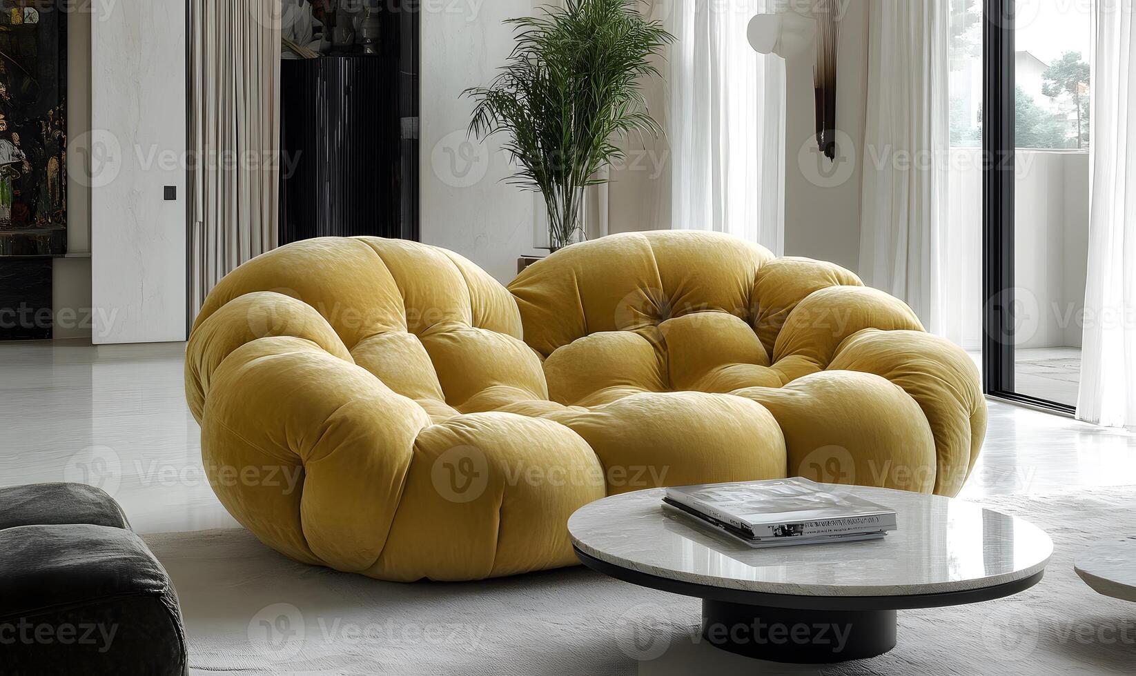 Modern, yellow sectional couch in a contemporary living space. photo