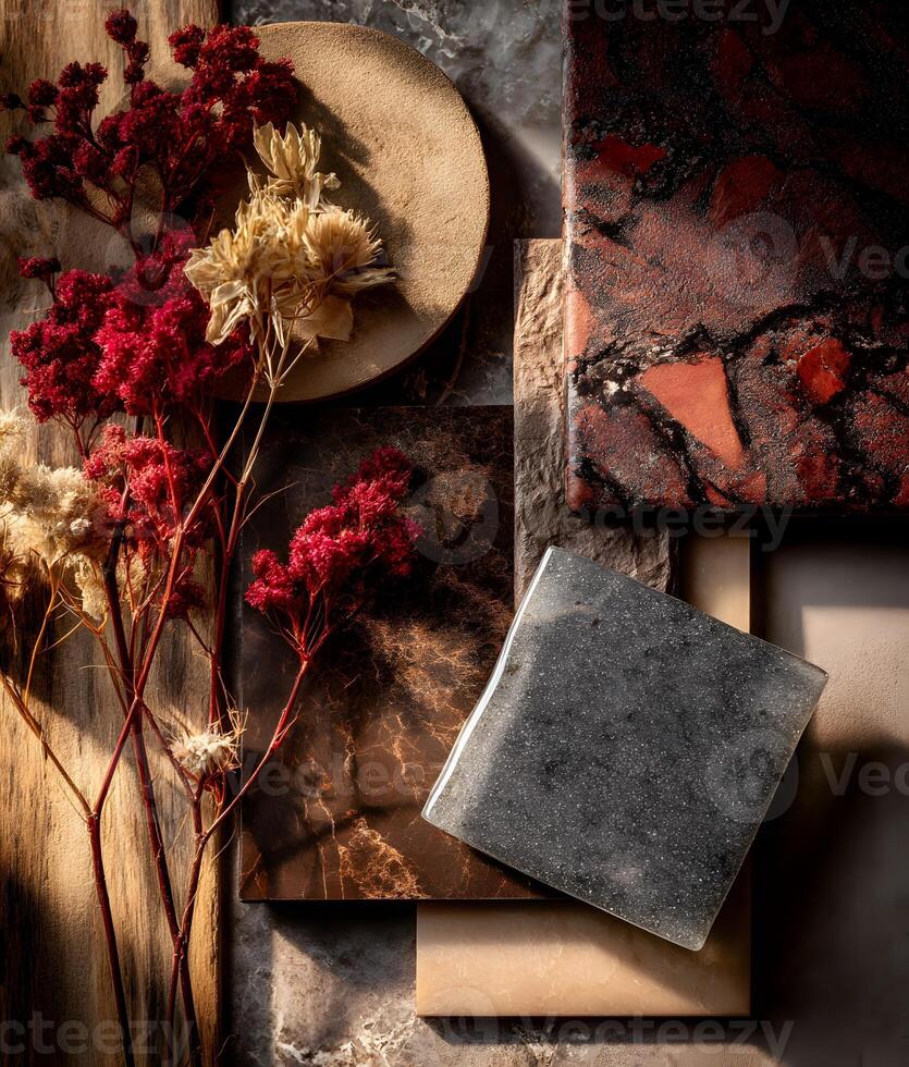 A curated collection of decorative surfaces and dried flowers. photo
