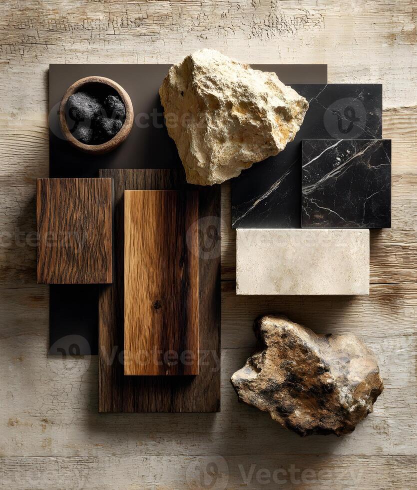 Collection of natural material samples, displayed on a light wood surface. photo