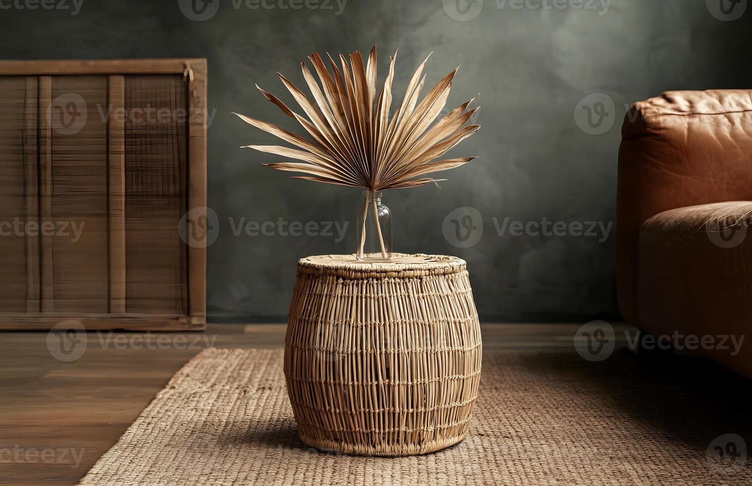 Rustic round woven basket accent table with dried palm leaf. photo