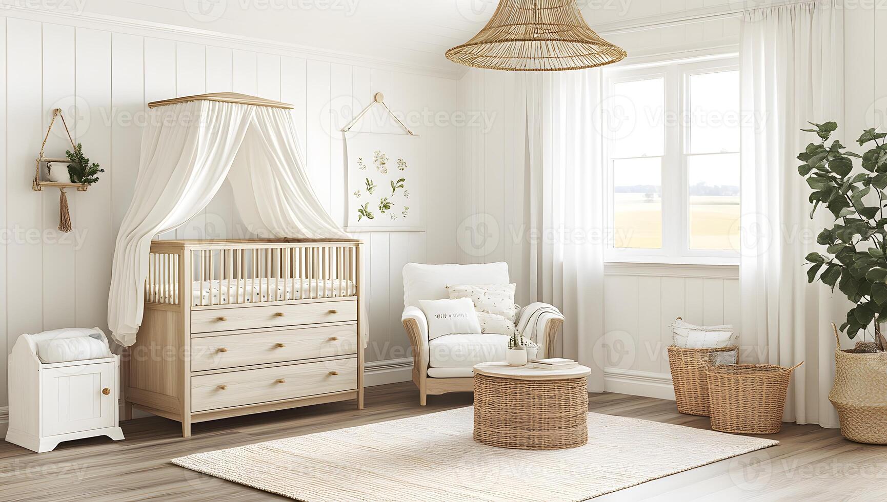 A light and airy nursery room design with natural elements. photo