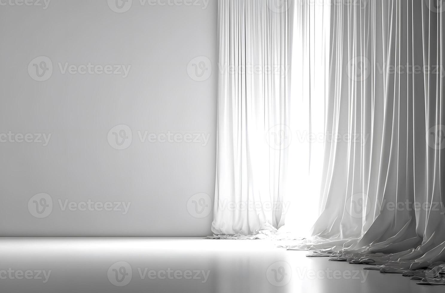 Empty room with white curtains, bright light streaming through. photo