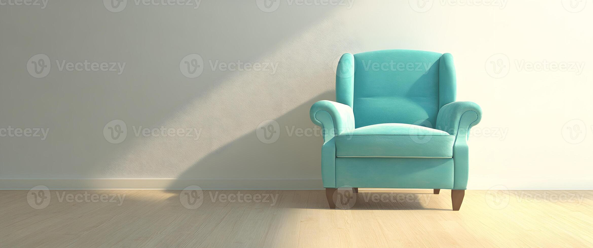 Stylish light teal armchair in a simple room. photo