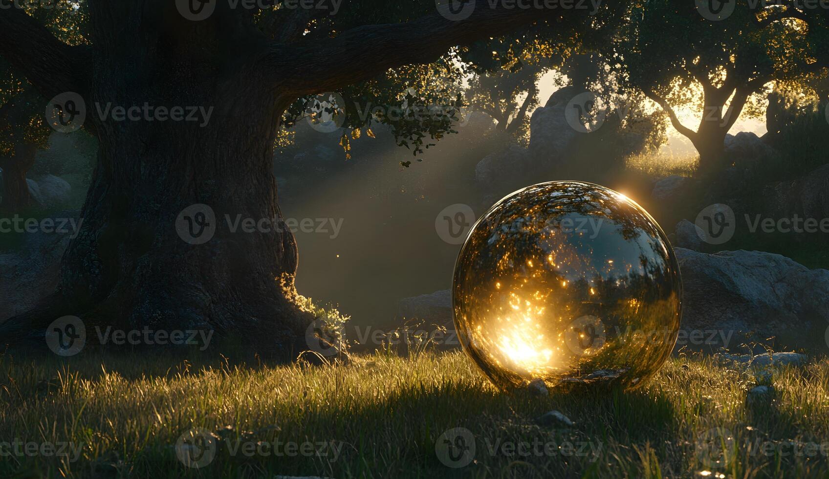 Golden sphere resting amidst a sunlit meadow beneath towering trees. photo