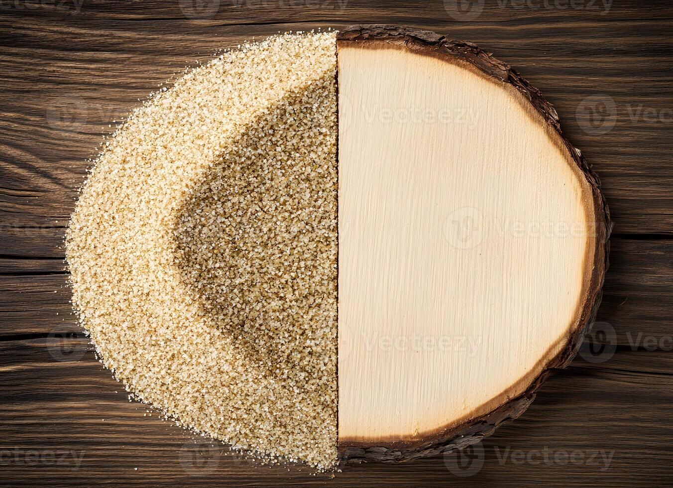 Pile of light beige granular material beside a wood slice. photo