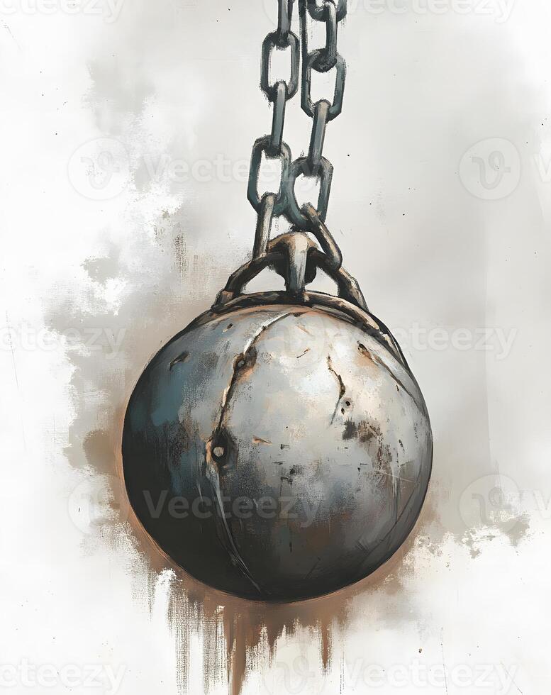 Rusted metallic sphere hanging from chains. photo