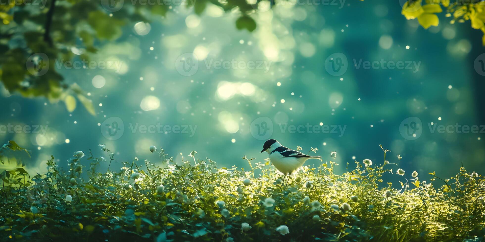 A small bird stands amidst vibrant greenery in a tranquil forest setting. photo