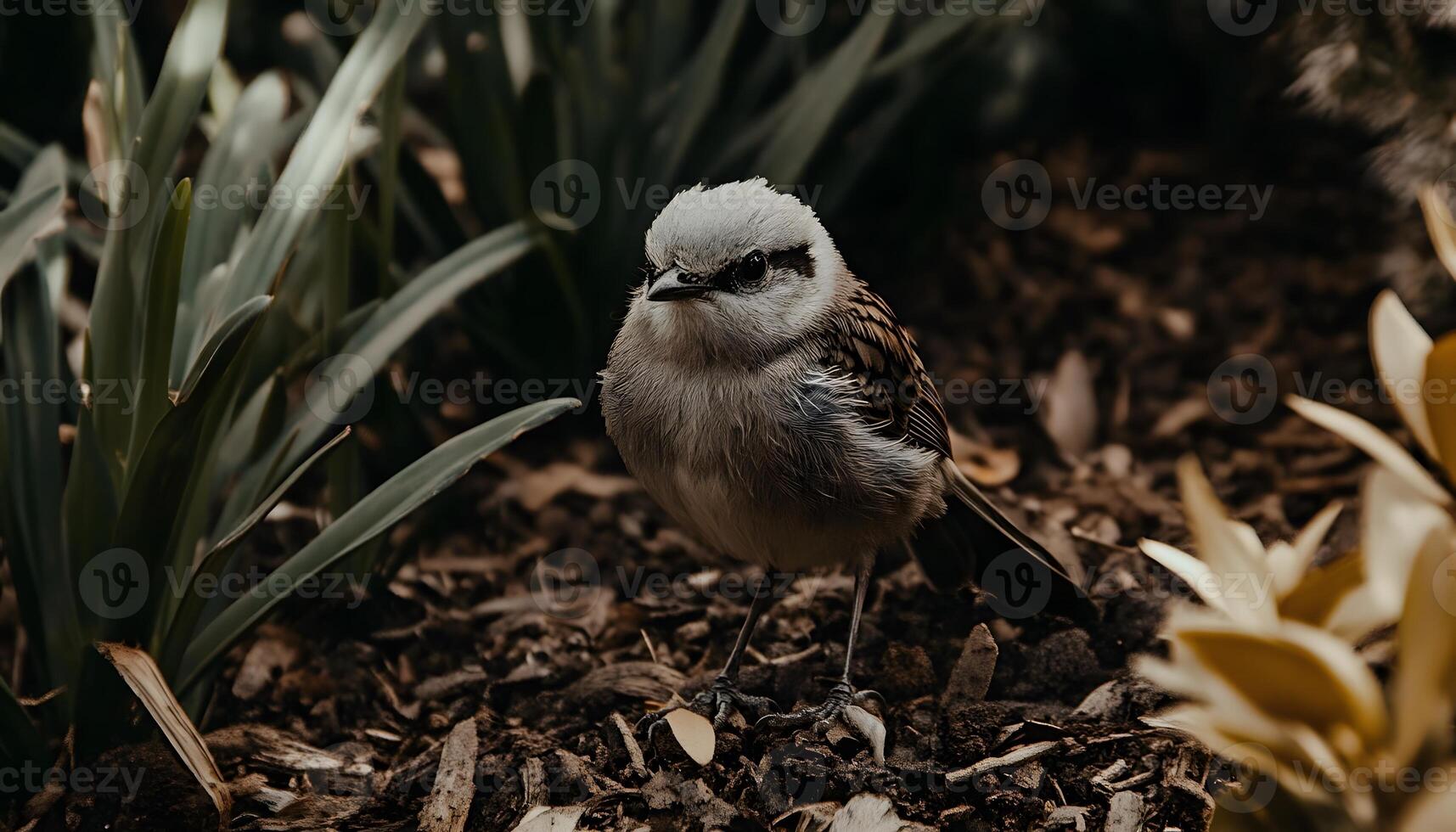 Small grayish-white bird standing in brown mulch. photo