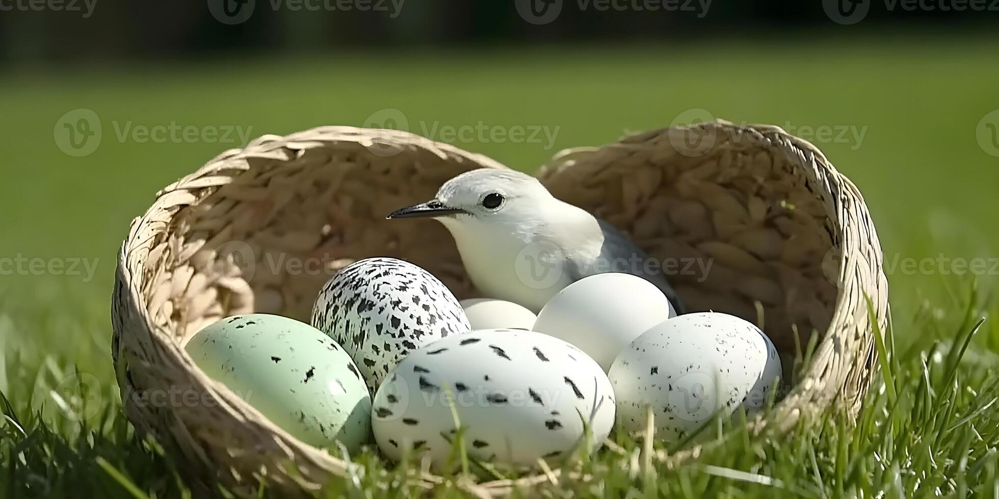 Small bird resting in a nest with eggs. photo