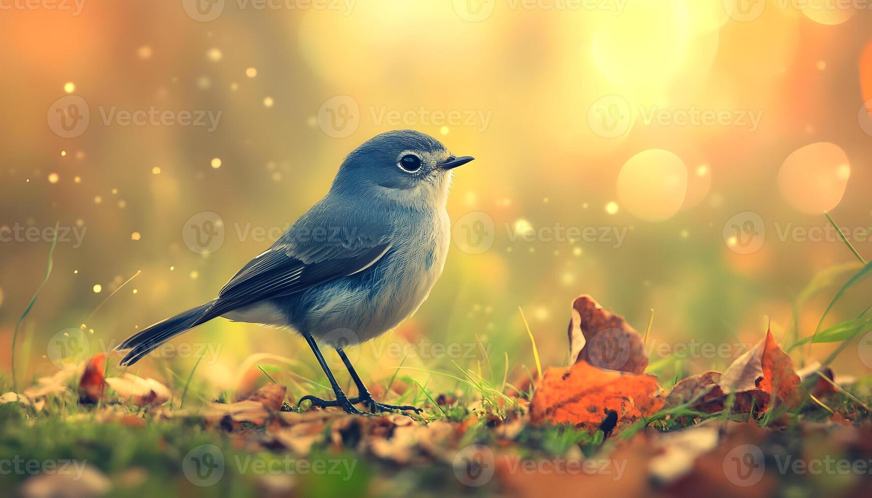 Small, grayish-blue bird amidst autumn foliage. photo
