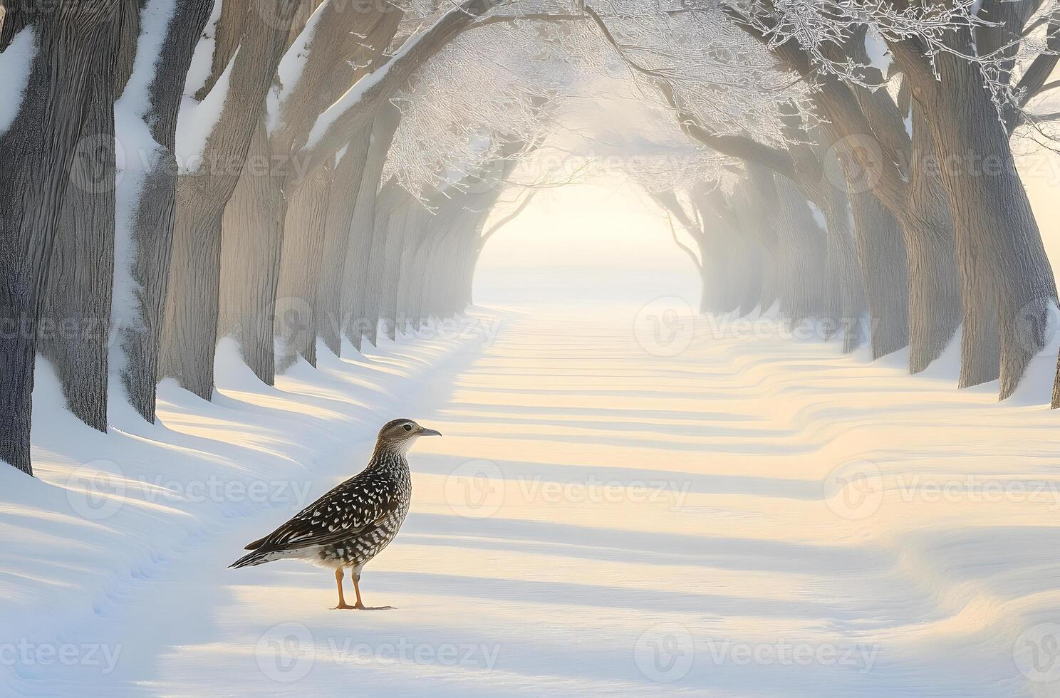 Snowy path lined with trees, featuring a small bird. photo