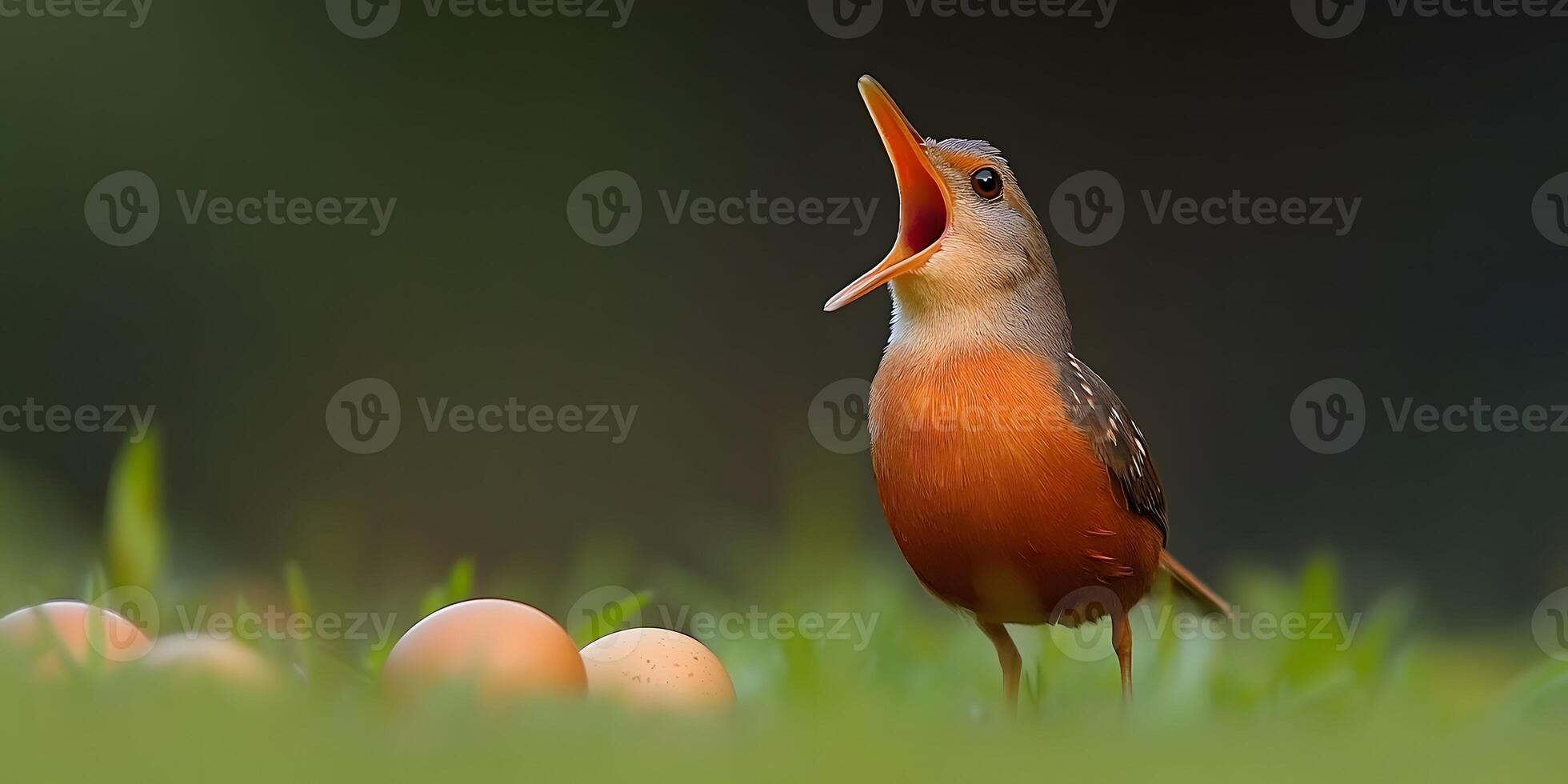A small bird with open beak on a grassy area. photo